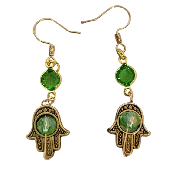 18K Goldplated Faceted Zircon Green Gold Hamsa Earrings - Picture 1 of 3